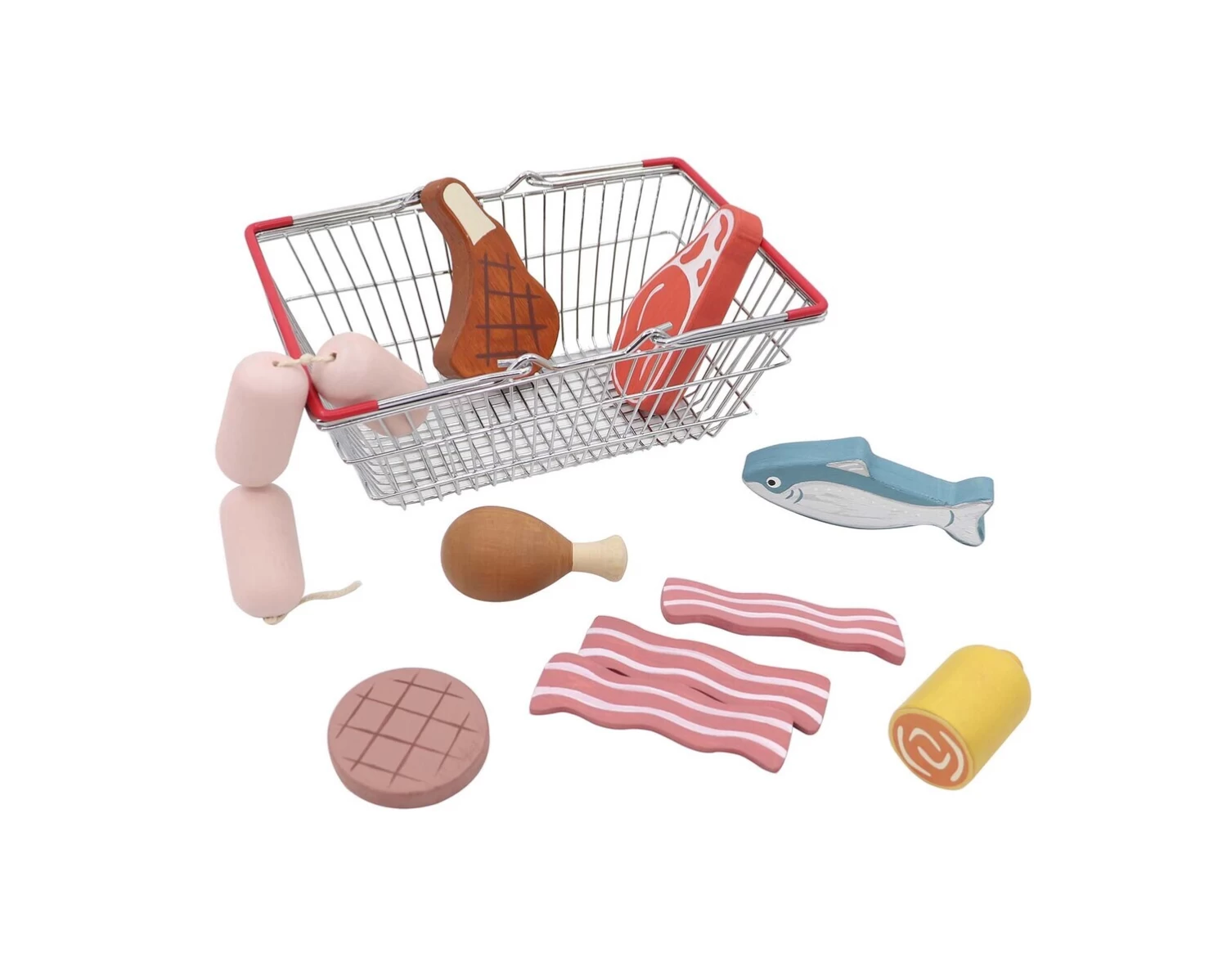 Kaper Kidz Wooden Meat & Fish Playset With Metal Basket 1 Kaper Kidz Wooden Meat & Fish Playset With Metal Basket